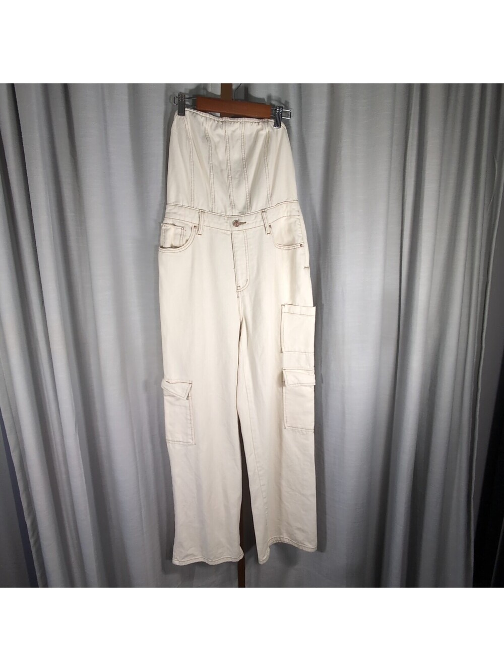 Wild Fable Cream Denim Strapless Cargo Jumpsuit Small